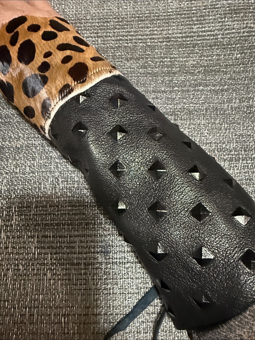 Black Studded Leather Cuff with Leopard Accent